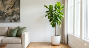 Indoor plants in living room with tall fiddle-leaf fig in a modern minimalist corner