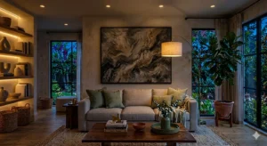 Living room lighting ideas showing layered ambient task and accent lights for cozy ambiance