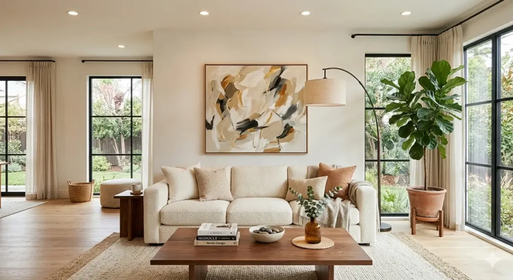 Modern living room design with neutral tones, boucle sofa, and natural light