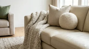Living room texture ideas with layered boucle sofa linen pillows and chunky knit throw