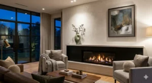 Living room fireplace design with modern linear insert and minimalist limewash plaster surround