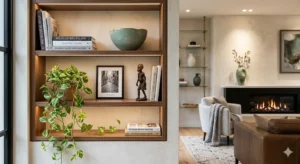 Living room decor ideas with curated shelf styling using travel souvenirs plants and personal objects