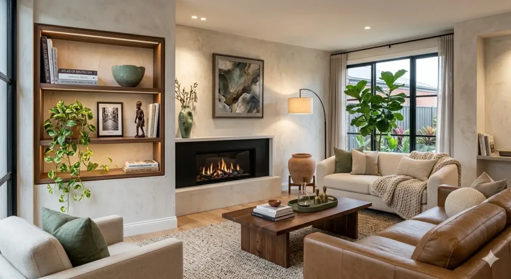 Complete modern living room design with fireplace wall art plants and layered lighting