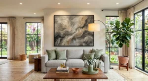 Wall art for living room with oversized abstract canvas above a grey linen sofa