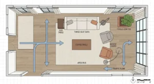 Living room layout diagram showing optimal furniture arrangement and traffic flow