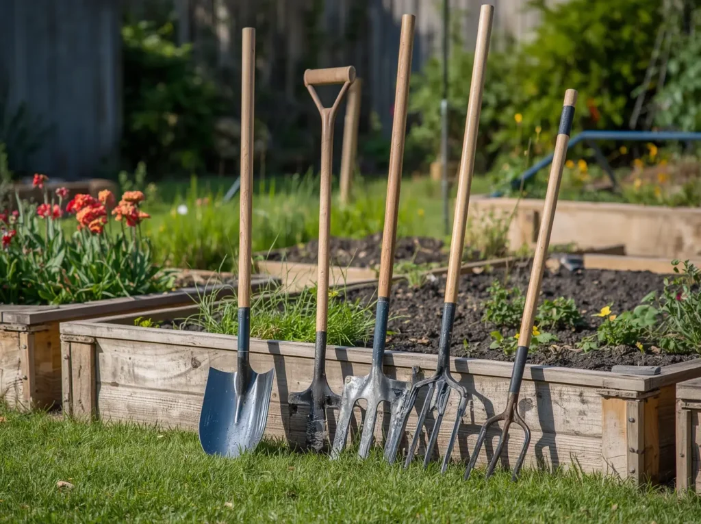 vLong-handled gardening tools including a shovel, rake, hoe, and garden fork for heavy garden work.