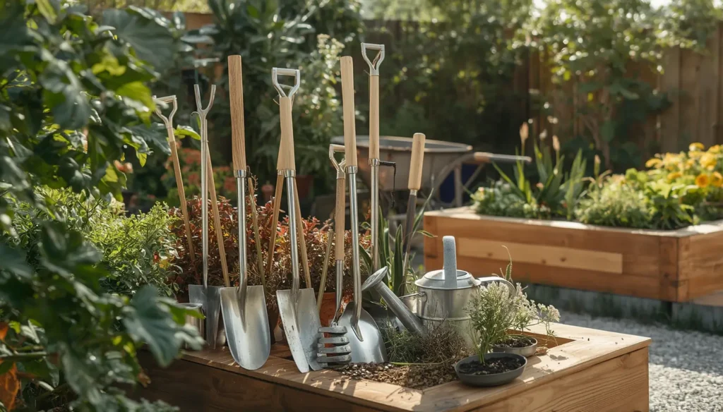 Essential gardening tools for homeowners including a shovel, rake, trowel, pruning shears, gloves, and watering can.