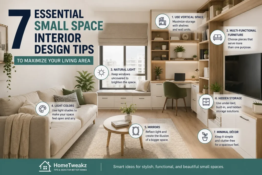 Small space interior design tips shown in a bright studio apartment living room with multifunctional furniture and a large mirror