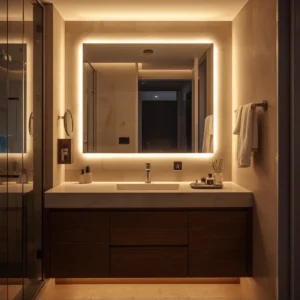 "Ambient warm LED strip lighting under a bathroom vanity for a halo effect