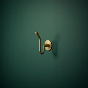 Modern gold robe hook mounted on a dark green wall
