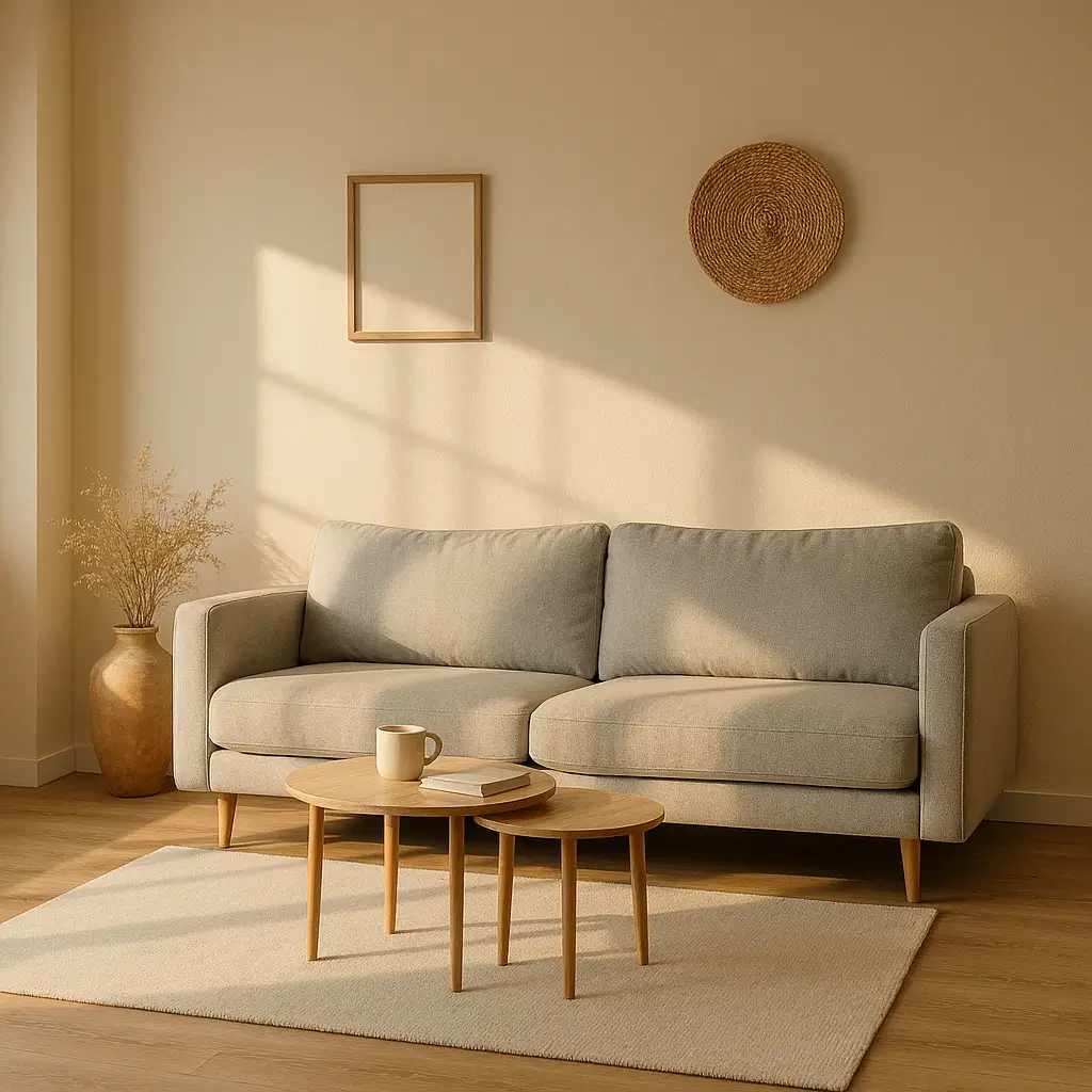 small apartment living room sofa with raised legs light grey neutral color modern 2026