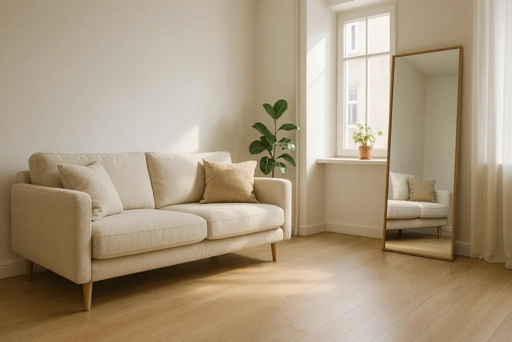 modern living room decor ideas for small apartments with neutral sofa mirror and minimal furniture 2026