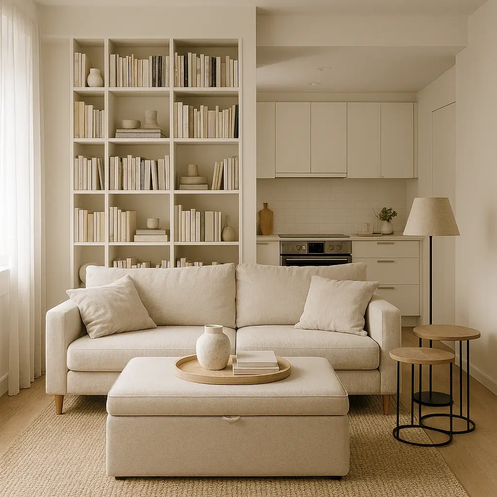 multi functional furniture small apartment living room storage ottoman nesting tables bookshelf divider