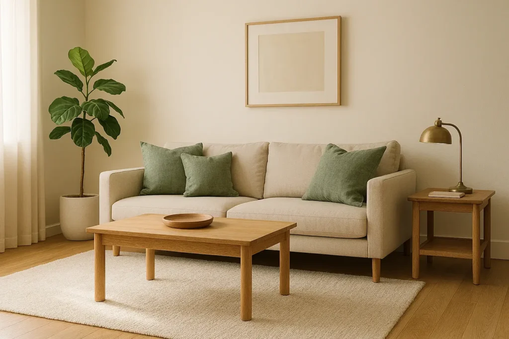 small apartment living room warm white sage green natural wood cohesive color palette 2026