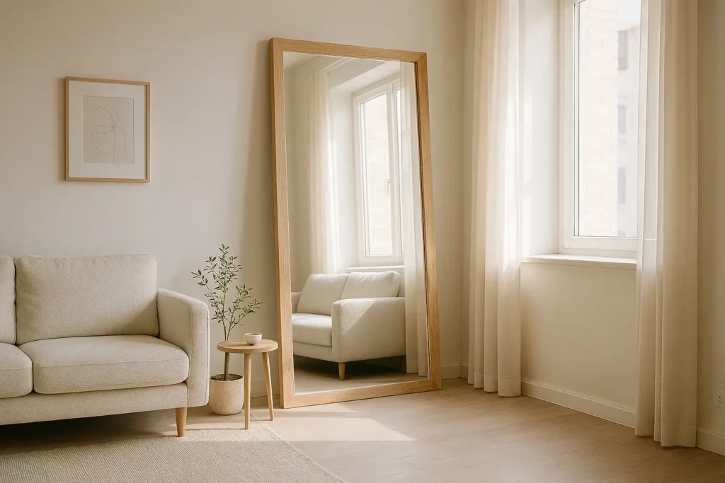 large leaning floor mirror small apartment living room reflecting natural light modern decor 2026