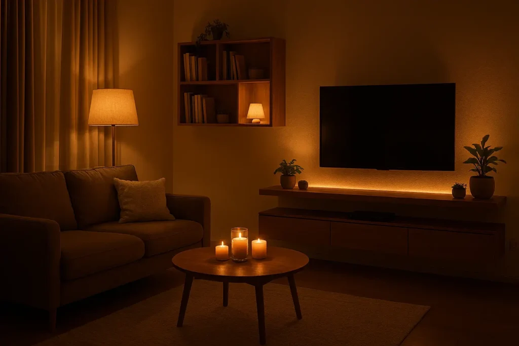 layered lighting small apartment living room floor lamp table lamp LED accent warm ambiance evening