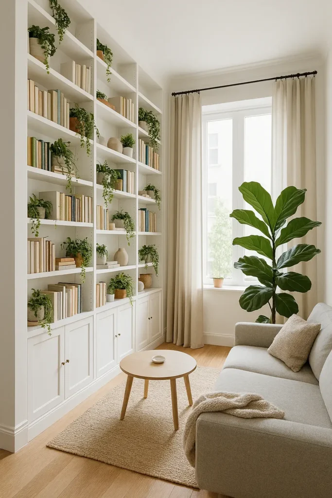 small apartment living room vertical space floor to ceiling shelving tall fiddle leaf fig plant curtains