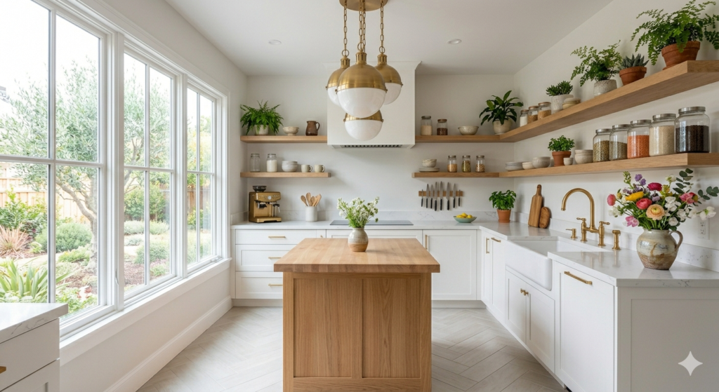dream kitchen interior design white wood island brass pendants open shelves 2026