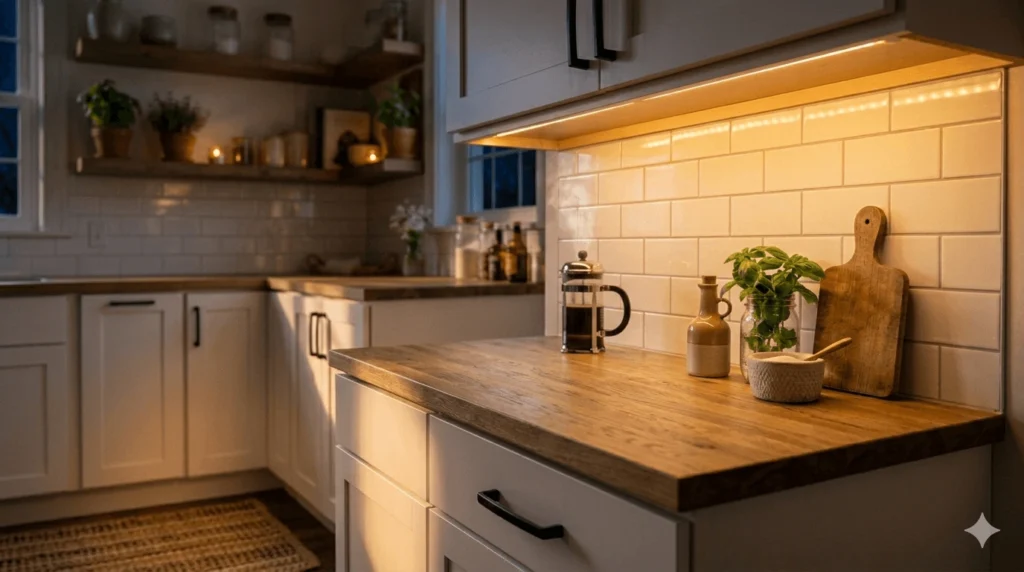Low Budget Kitchen Ideas with warm under cabinet LED lighting