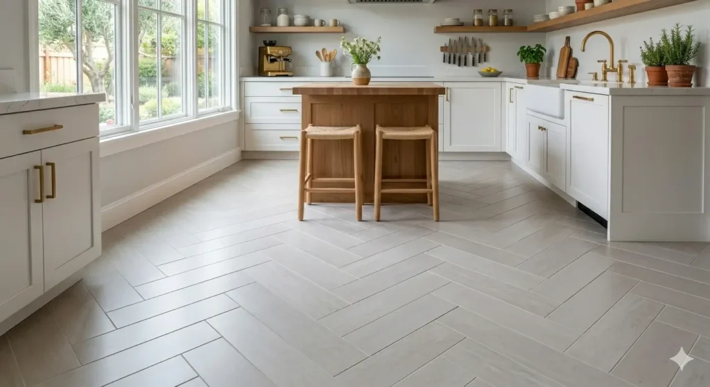 kitchen flooring ideas large format porcelain tile herringbone pattern grey 2026