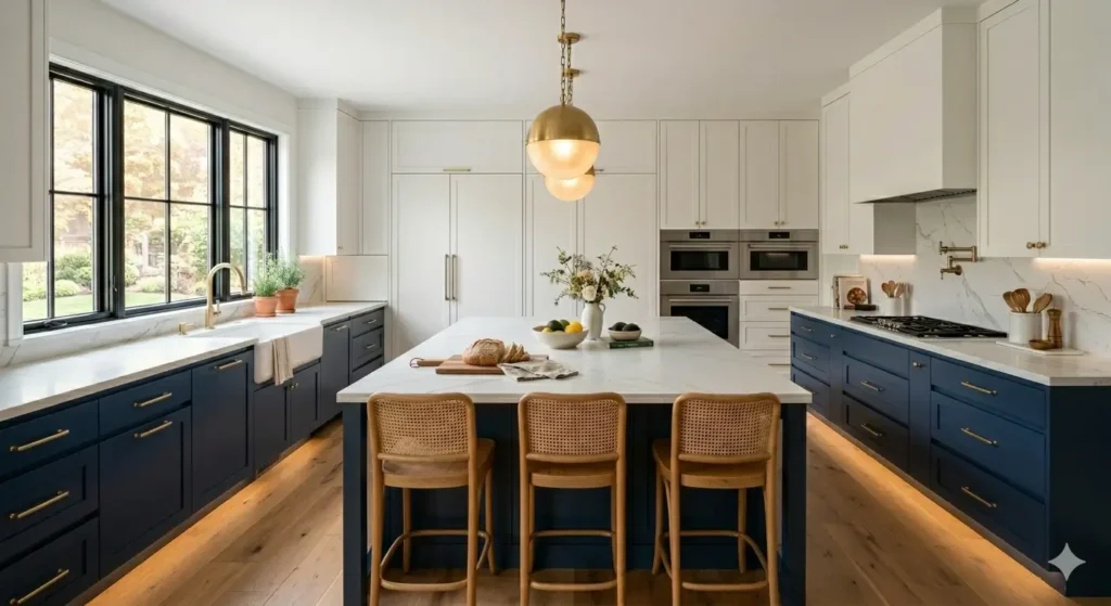 kitchen interior design color combination navy blue lower cabinets brass hardware