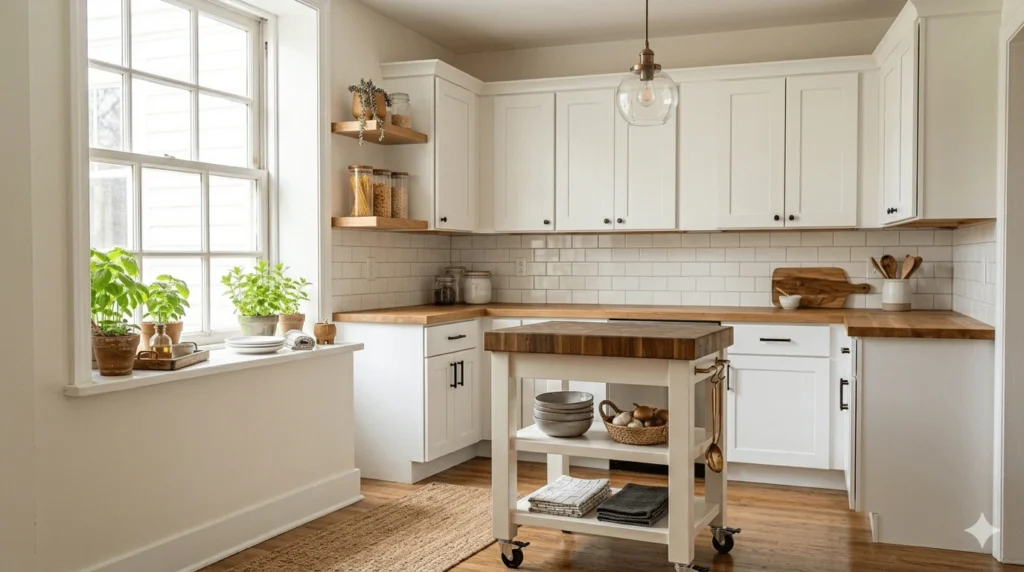 Low Budget Kitchen Ideas using a rolling kitchen cart for extra storage
