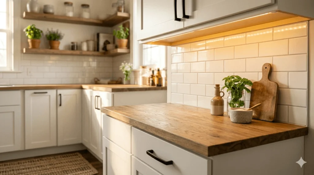 Low Budget Kitchen Ideas with peel and stick backsplash installation