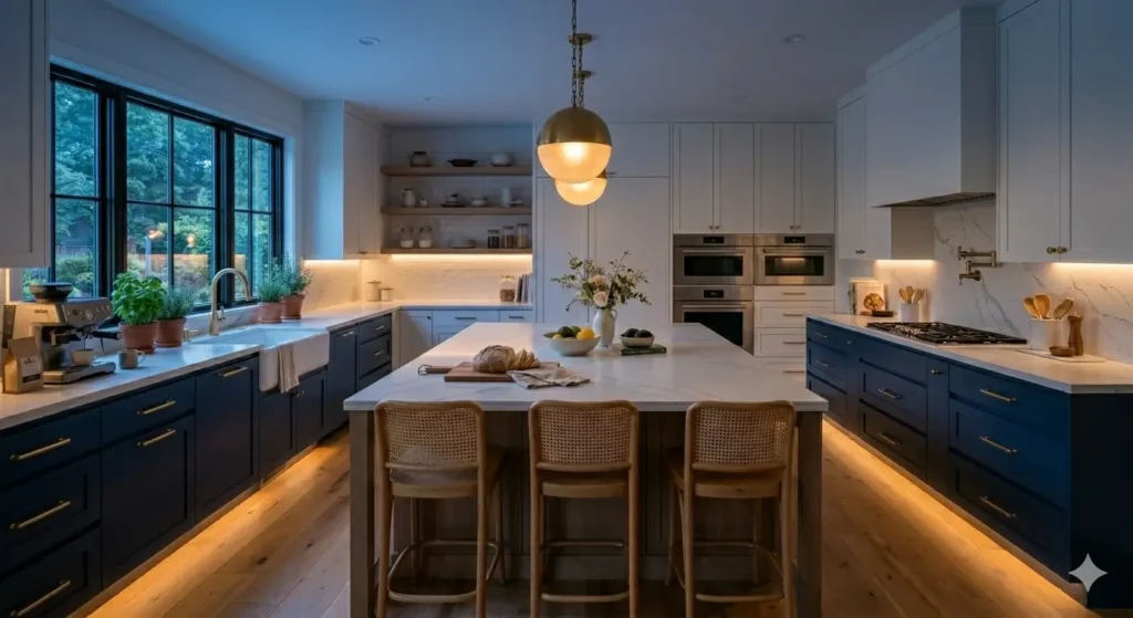 kitchen interior design lighting ideas under cabinet led strip lights warm glow