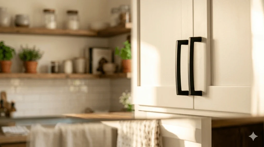 Low Budget Kitchen Ideas using matte black cabinet hardware on white cabinets