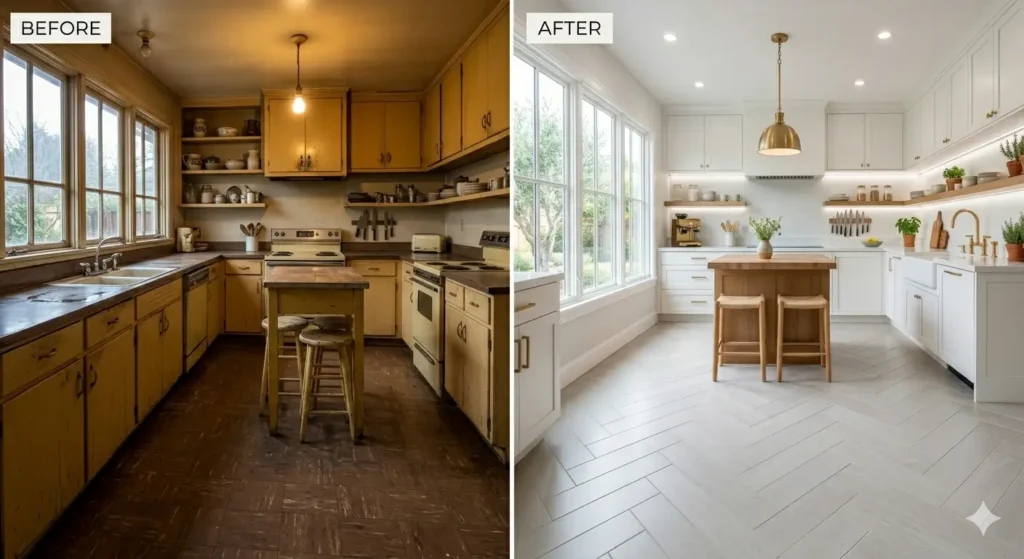 kitchen interior design before after renovation transformation white cabinets modern