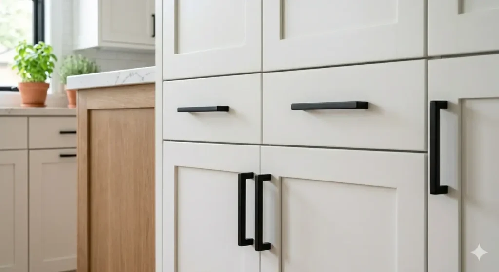 kitchen cabinet design shaker style white door with matte black handle