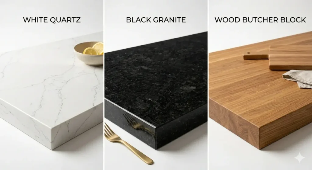 best kitchen countertop material comparison quartz granite wood 2026