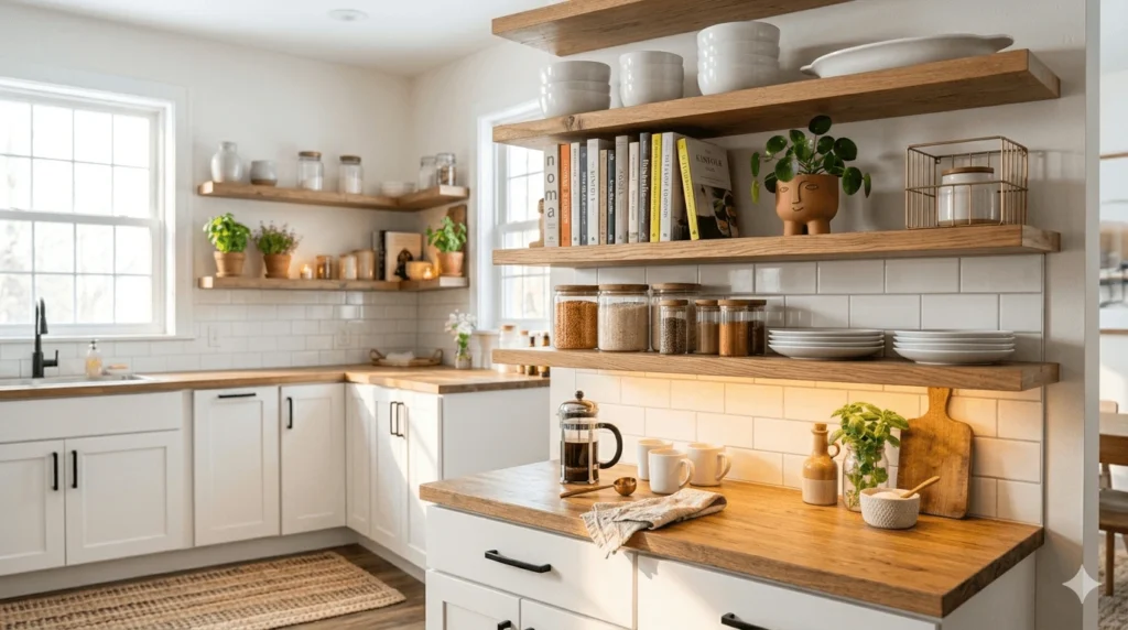 Low Budget Kitchen Ideas featuring modern open kitchen shelving decor