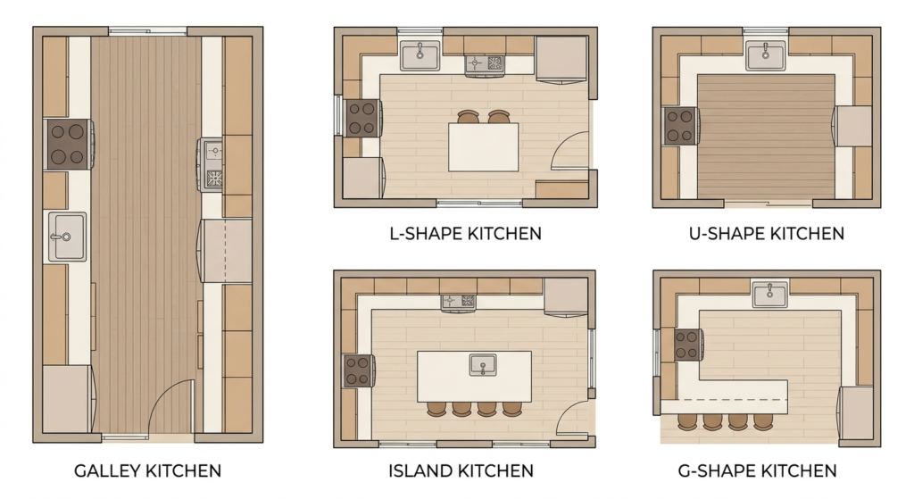 best kitchen interior design layout ideas l-shape u-shape island 2026