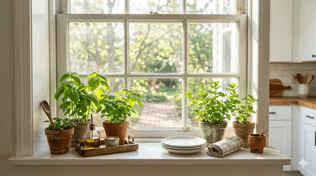Low Budget Kitchen Ideas with fresh kitchen plants on windowsill