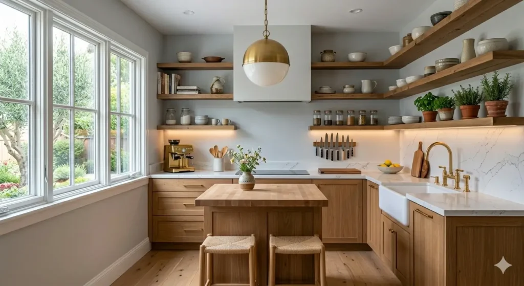 small kitchen interior design tips open shelves light grey walls spacious feel