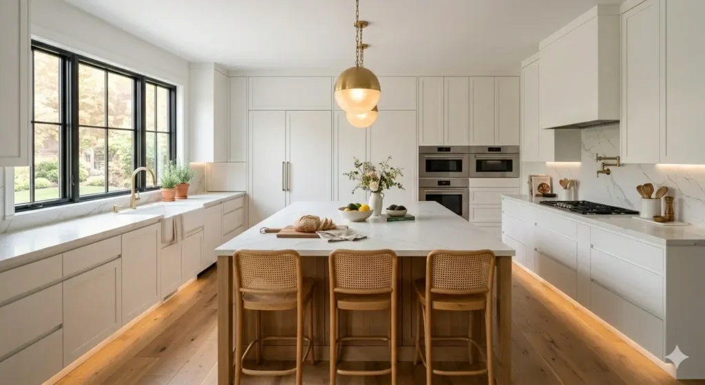 modular kitchen interior design with white floor to ceiling cabinets 2026