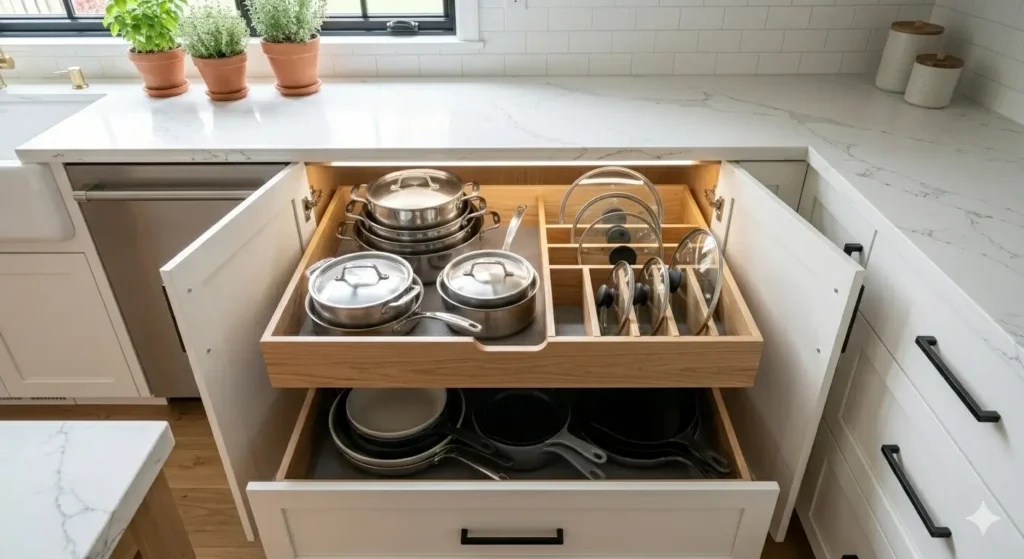 smart kitchen interior design storage ideas pull out drawers organized pots pans