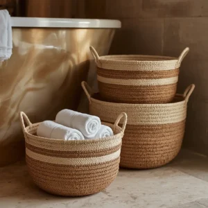 "Woven seagrass baskets used for organized towel storage on open bathroom shelving