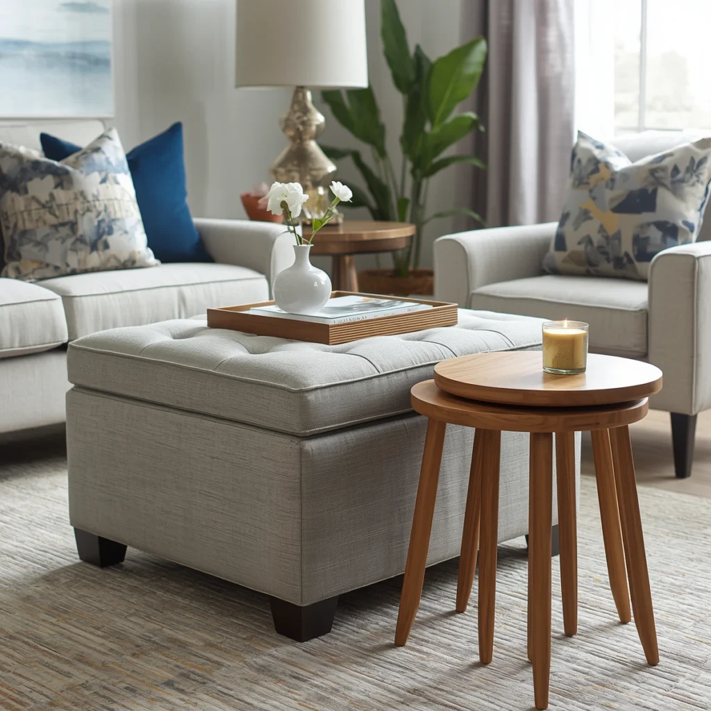Storage ottoman and nesting tables demonstrating multifunctional furniture ideas for small spaces
