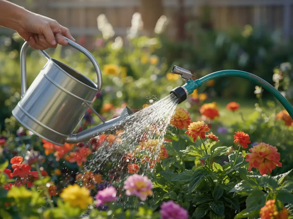 Watering can and adjustable hose nozzle used for watering garden plants.