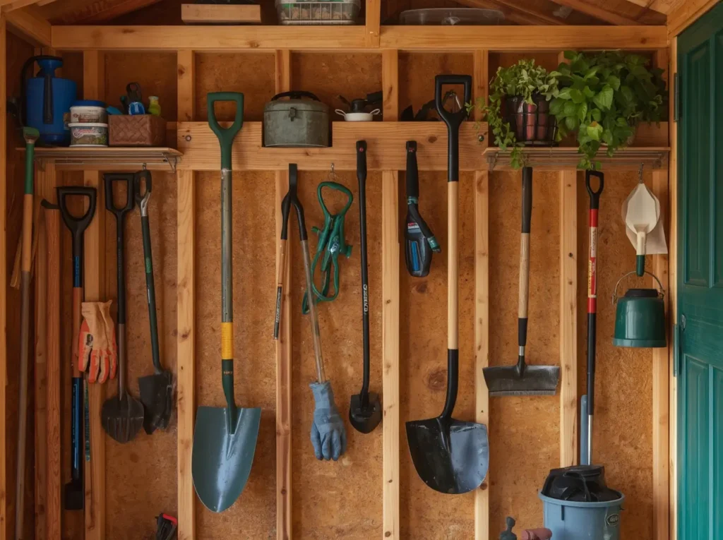 Organized garden shed with properly stored gardening tools on wall racks.