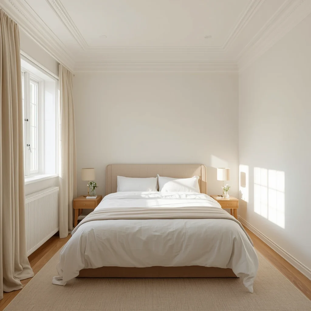 Small bedroom with space-saving furniture and light neutral colors
