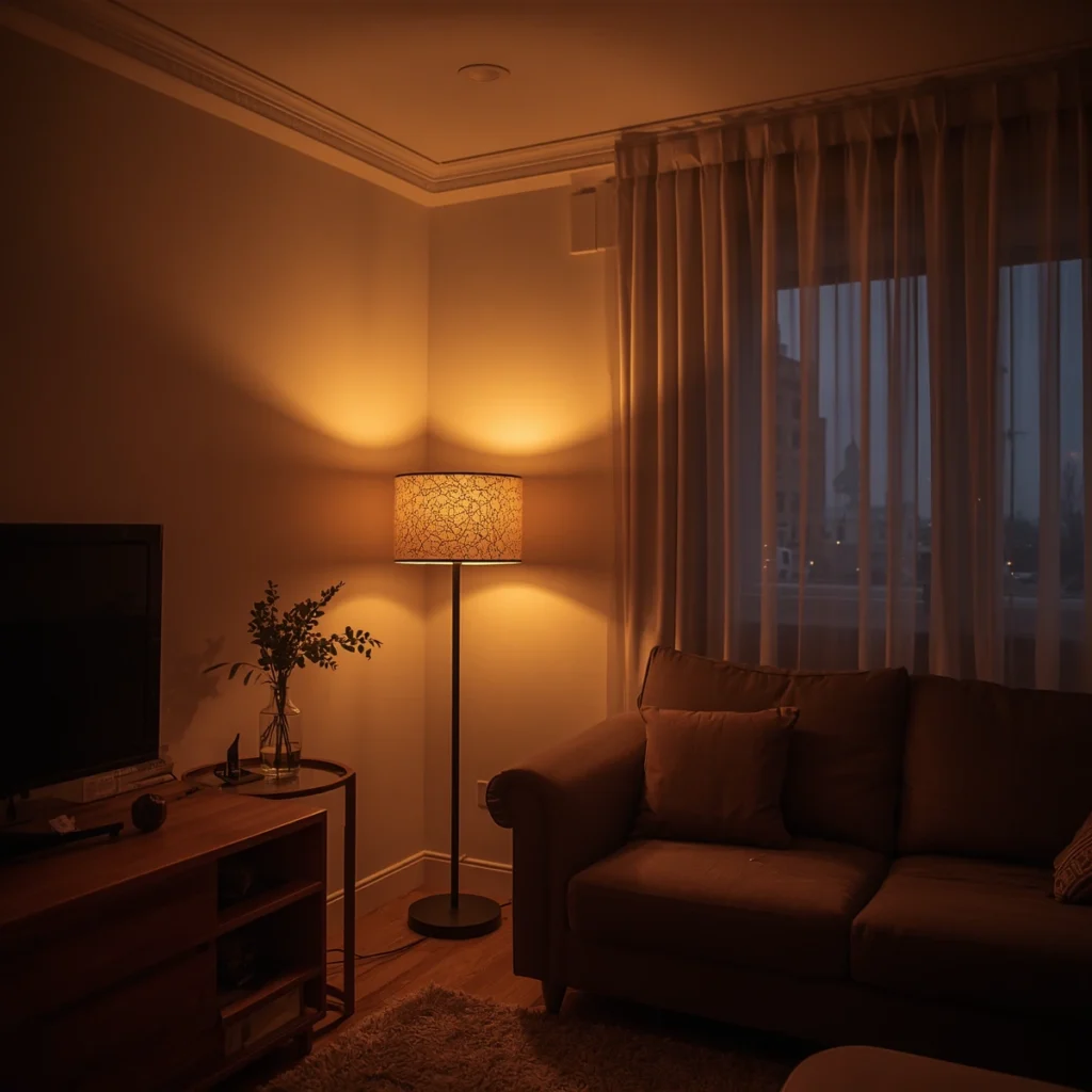 Layered ambient and accent lighting brightening a dark corner in a small living room