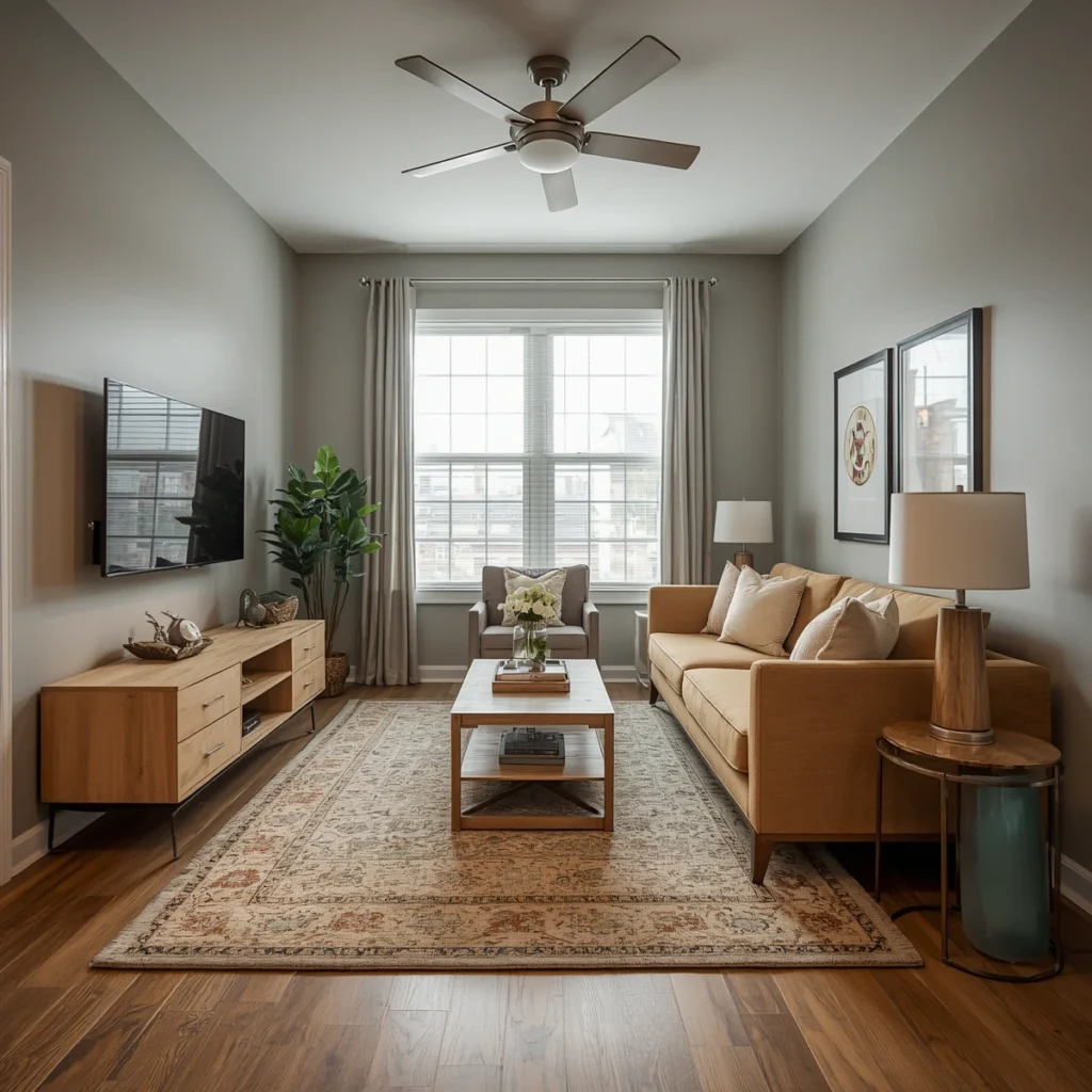  Small room color scheme using off-white and sand tones to make a bedroom feel larger