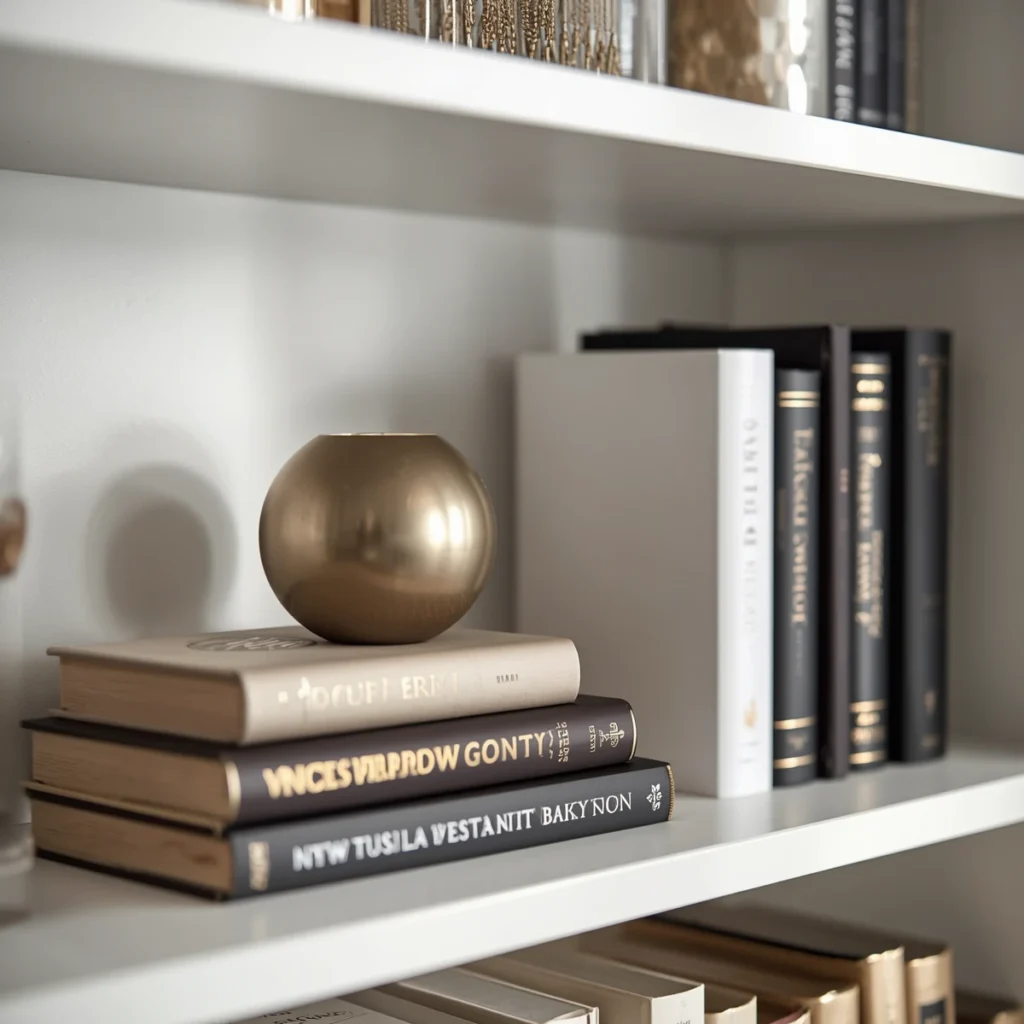 Floor-to-ceiling shelving used as vertical storage in a small living room