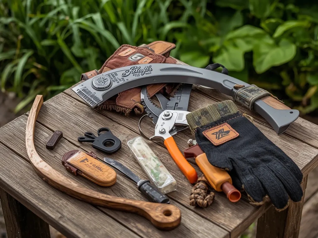 Essential hand gardening tools including a trowel, pruning shears, gloves, and hori hori knife.