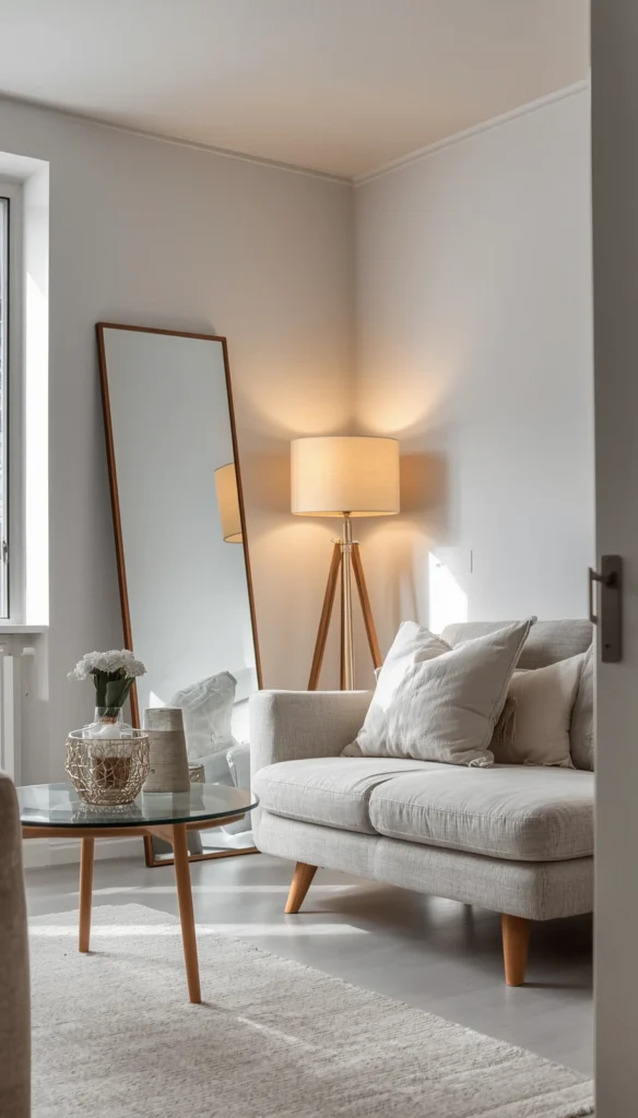  Small space interior design tips shown in a bright studio apartment living room with multifunctional furniture and a large mirror end big room