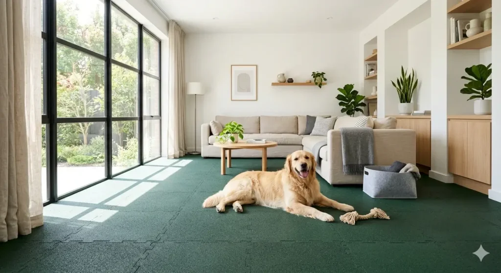 Best rubber flooring options for dogs in modern living room with golden retrieve