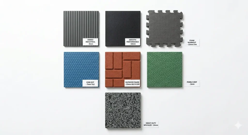 7 different rubber flooring options for dogs laid out for compariso